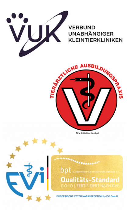 Logo Verbund unabhängiger Kleintierkliniken Logo Tierärztliche Ausbildungspraxis Logo EVI Qualitäts-Standard